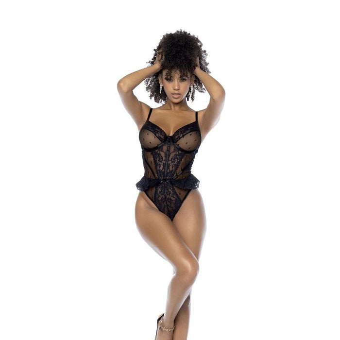 Mapale Bodysuit w/ Lace Ruffles, Black, S/M, L/XL