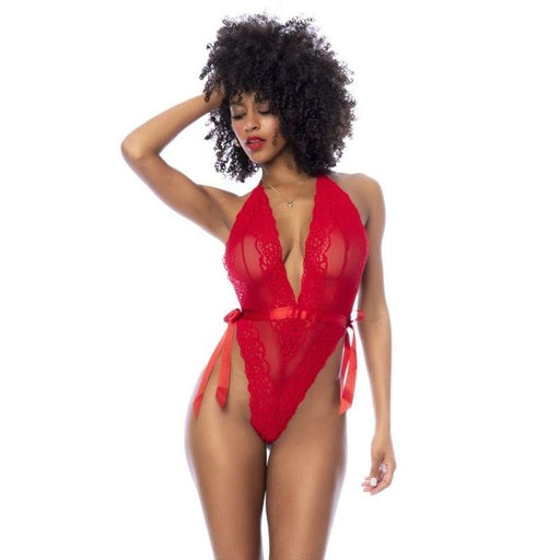 Mapale Red Lace Bodysuit with Side Ties, S/M, L/XL