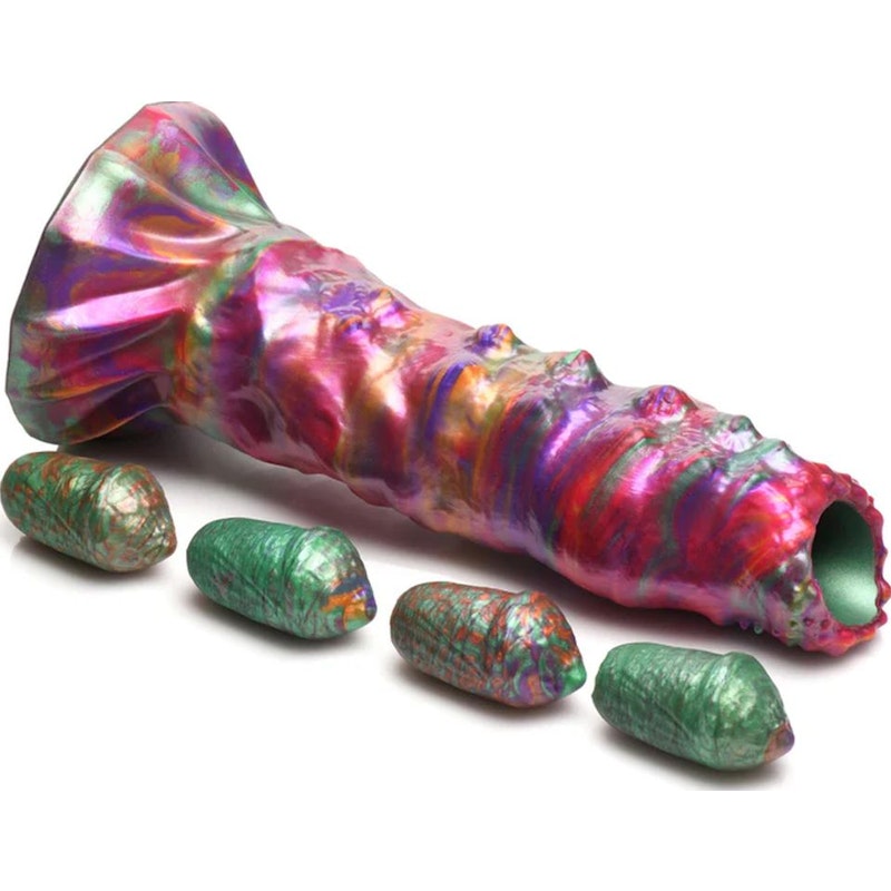 Larva Silicone Ovipositor Dildo w/ Eggs, 9", Rainbow