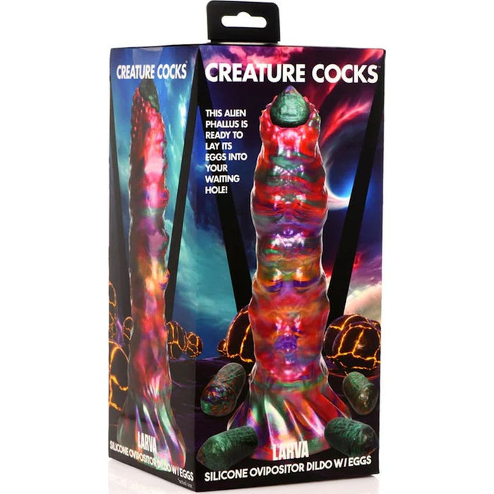 Larva Silicone Ovipositor Dildo w/ Eggs, 9", Rainbow