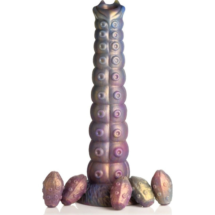 Deep Invader Tentacle Ovipositor Silicone Dildo with Eggs, 9", Rainbow