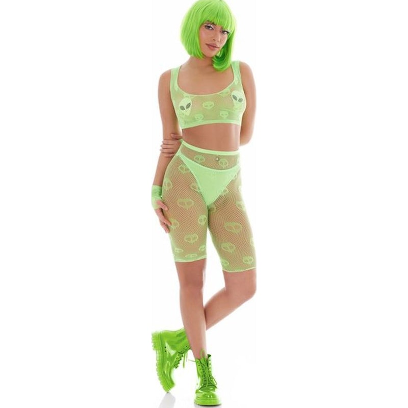 Pink Lipstick Out of This World Green Bodysuit Set with Alien Pasties, One Size