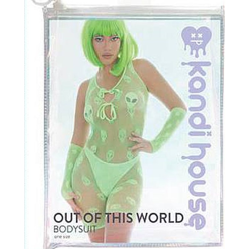 Pink Lipstick Out of This World Green Bodysuit Set with Alien Pasties, One Size