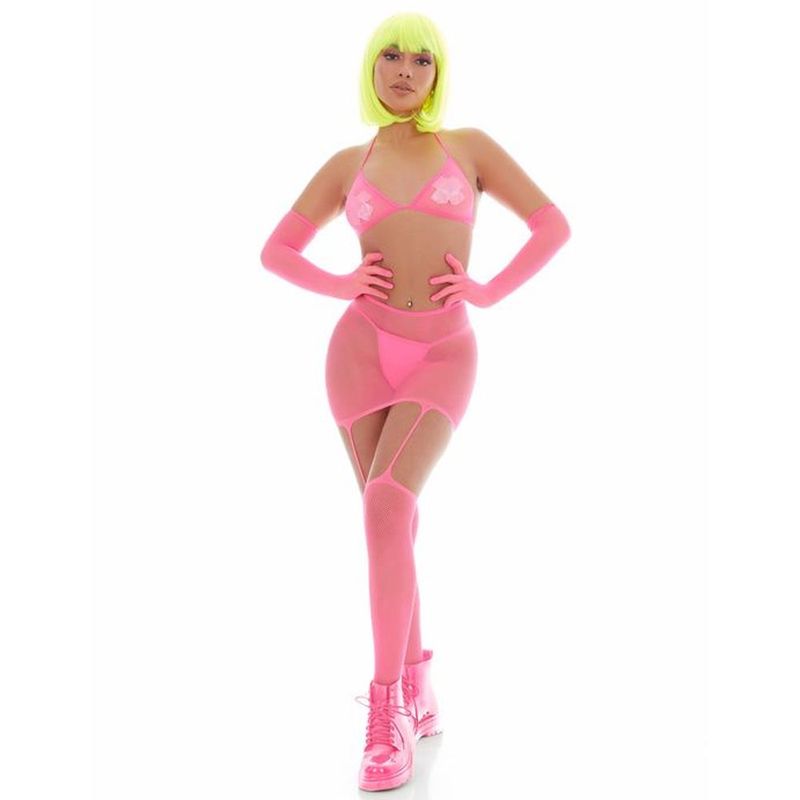 Pink Lipstick Mesh Bling Ring Set, incl Pasties, Pink, One Size