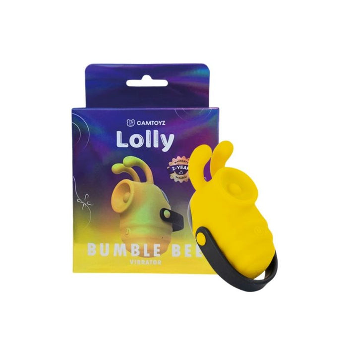 A small, yellow, bee-shaped vibrator with a black strap, displayed in front of its packaging which reads 'Lolly Bumble Bee'.