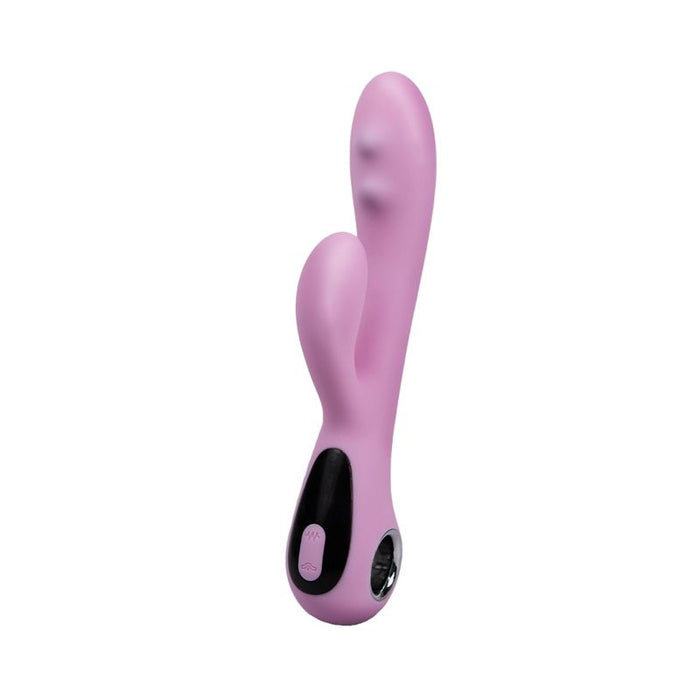 A pink G-spot vibrator with a curved silicone head and a black control panel with buttons. The device appears sleek and modern with a two-part design.