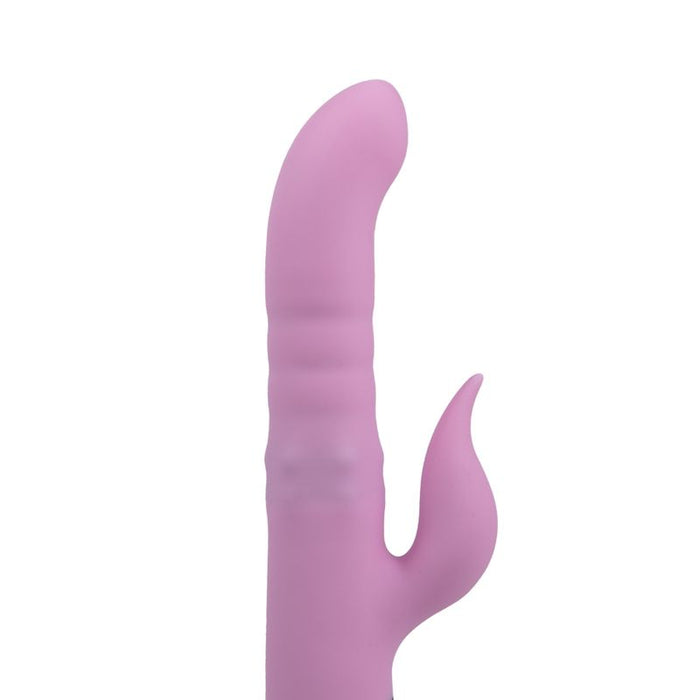 A purple rabbit vibrator displayed in its packaging, which includes a feature description and an interactive LCD display. The product appears sleek and sophisticated with a curved design.