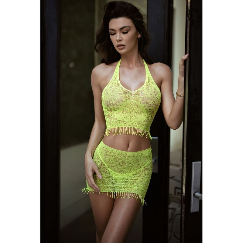 Killer Legs Eyelash Lace 2 Pc Crop, Skirt and Thong, Black/Yellow, One Size