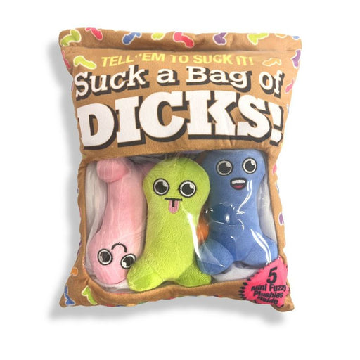 This image displays a playful and cheeky novelty plushy pillow named "Suck a Bag of Dicks." The pillow contains five adorable and colorful plush toy figures shaped like dicks, each with a cute face and different vibrant colors such as pink, green, and blue.
