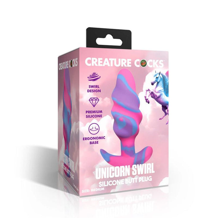 Creature Cocks Unicorn Swirl Silicone Butt Plug, Medium, 4.5", Mixed