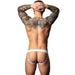 Man wearing white underwear with tattoos on a white background