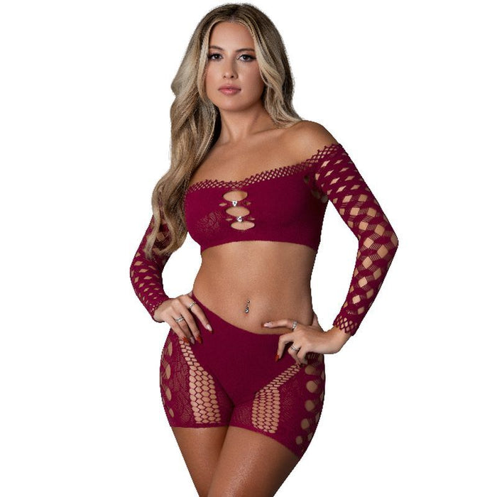 Exposed Lingerie Stella Crop Top And Short Set, Burgundy, One Size
