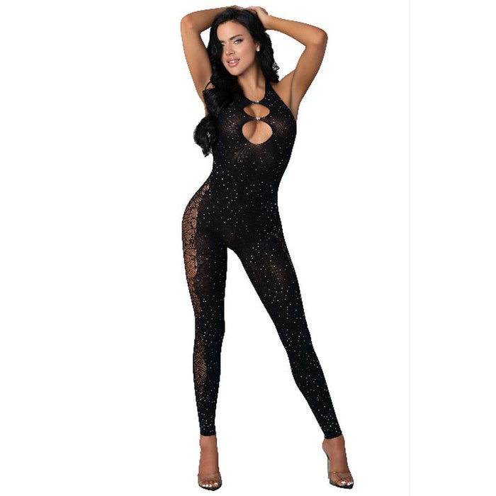 Halter Body Stocking With Rhinestone Black