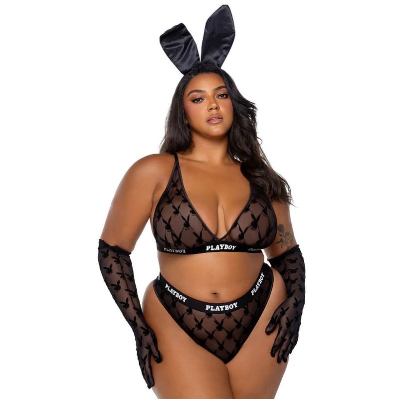 Playboy Flocked Bunny 2-Piece Lingerie Set, Black/Pink, XS, S, M, L