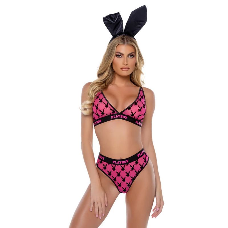 Playboy Flocked Bunny 2-Piece Lingerie Set, Black/Pink, XS, S, M, L