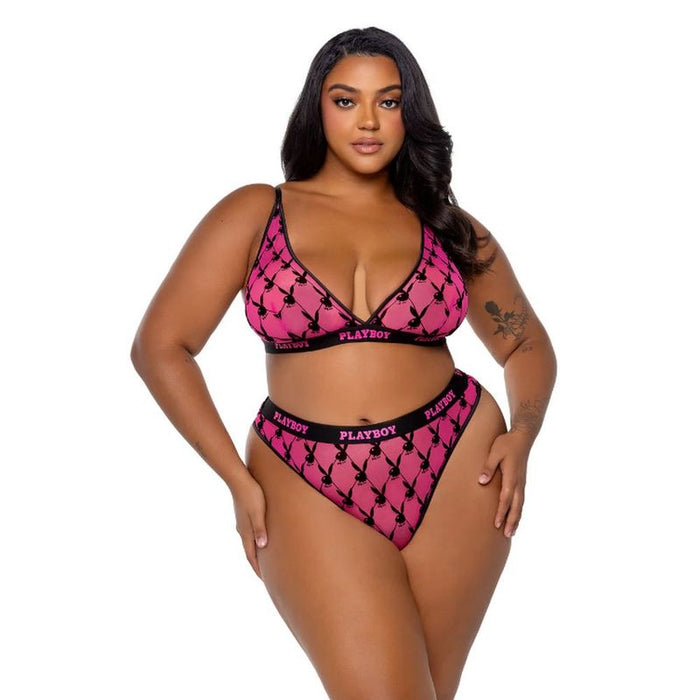 Playboy Flocked Bunny 2-Piece Lingerie Set, Black/Pink, XS, S, M, L
