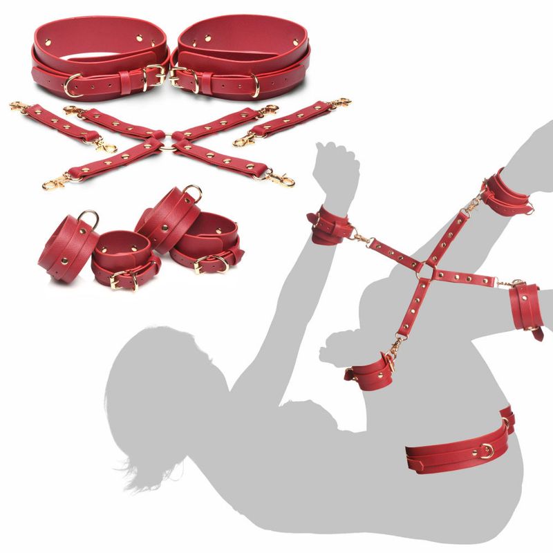 Master Series Crimson Captive Thigh Wrist Ankle Hog Tie Restraints, Red