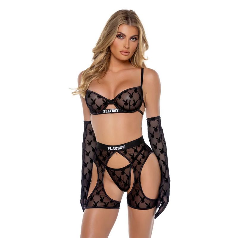 Playboy Flocked Bunny Chaps 3-Piece Set, Black, XS, S, M, L
