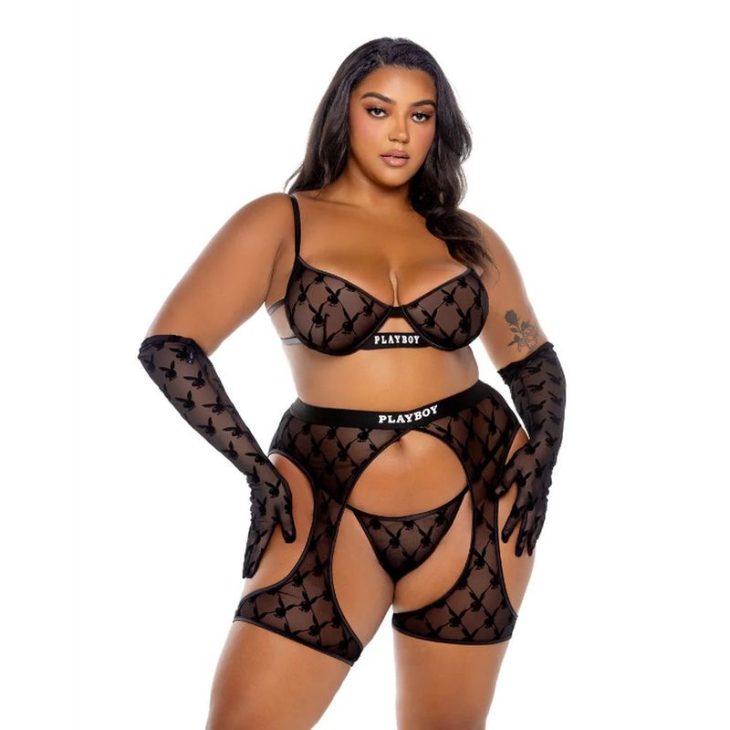 Playboy Flocked Bunny Chaps 3-Piece Set, Black, XS, S, M, L
