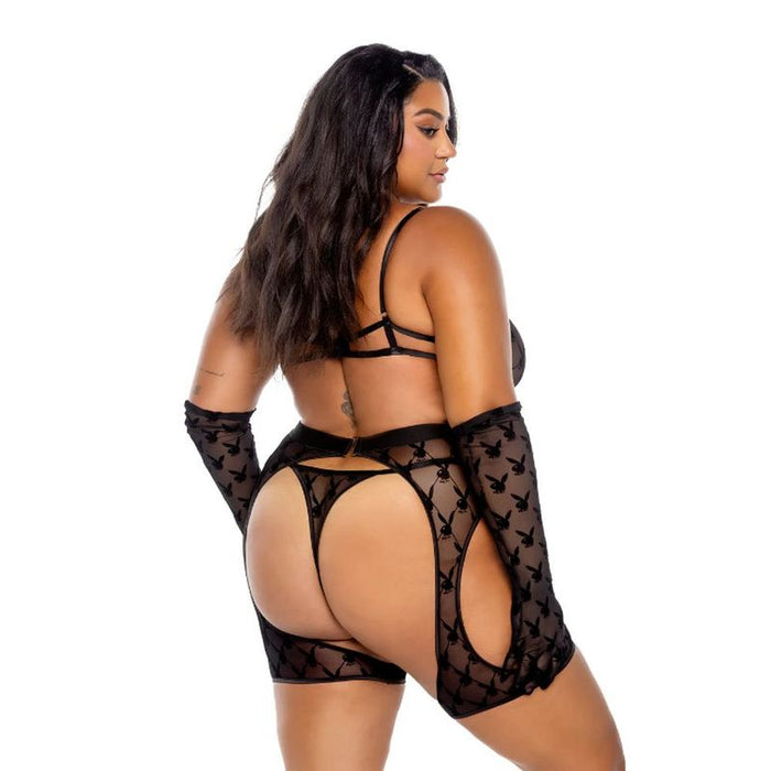 Playboy Flocked Bunny Chaps 3-Piece Set, Black, XS, S, M, L