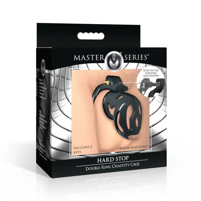 Master Series Hard Stop Double Ring Chastity Cage, Black