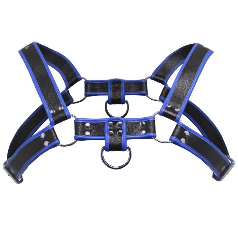 Master Series Bulldog puppy play harness in blue with adjustable straps and metal D-rings