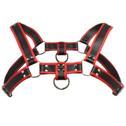 Master Series Bulldog puppy play harness in red with adjustable straps and metal D-rings