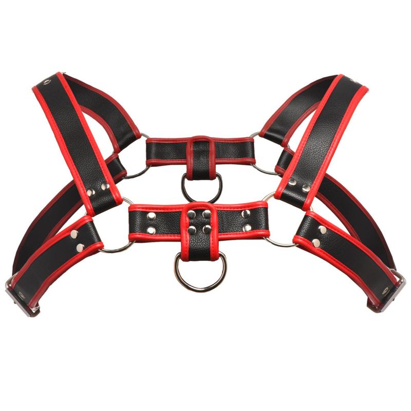 Master Series Bulldog puppy play harness in red with adjustable straps and metal D-rings