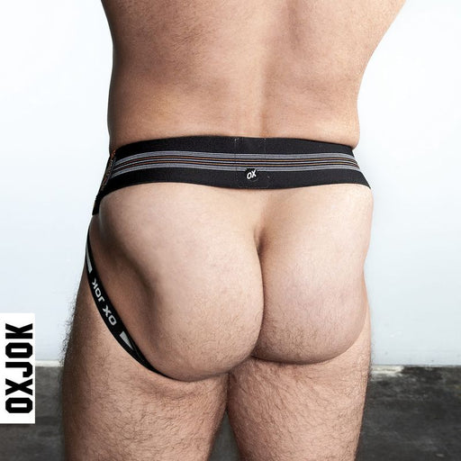 Person wearing a black men's underwear with 'OXJOK' branding on a plain background.