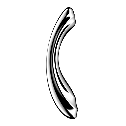 Metallic banana-shaped dildo on a white background