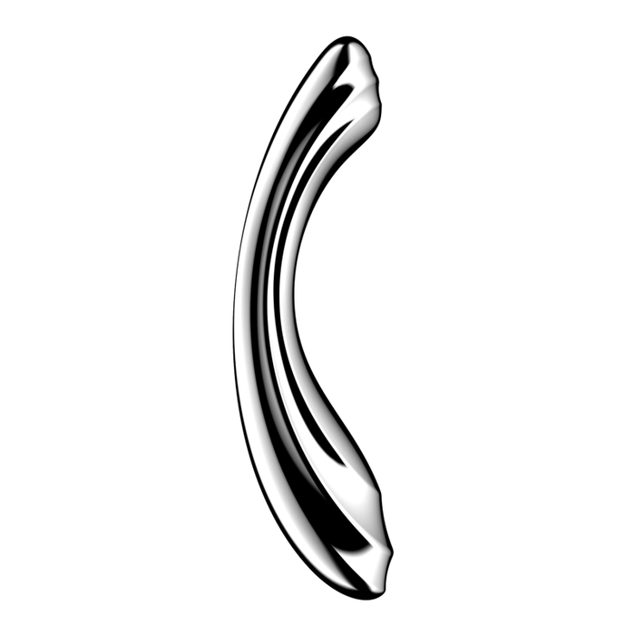 Metallic banana-shaped dildo on a white background