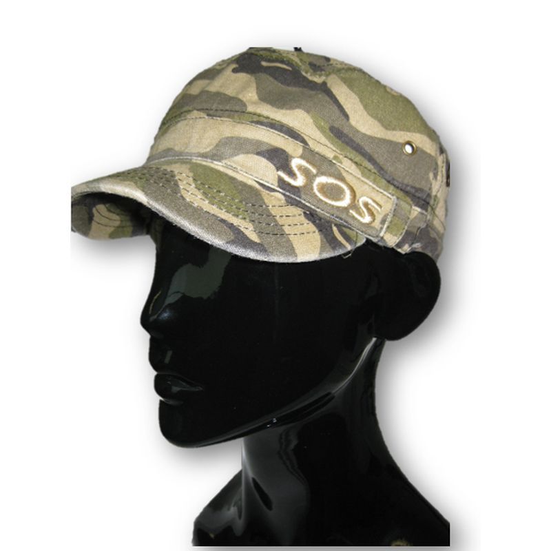 Camouflage cap with 'SOS' on a black mannequin head against a white background