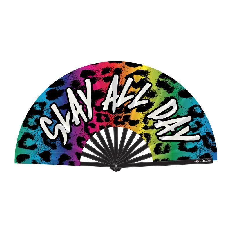 Slay All Day Satin Fan with Bamboo Ribs, Rainbow