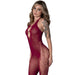 Woman wearing a burgundy lace bodysuit on a white background