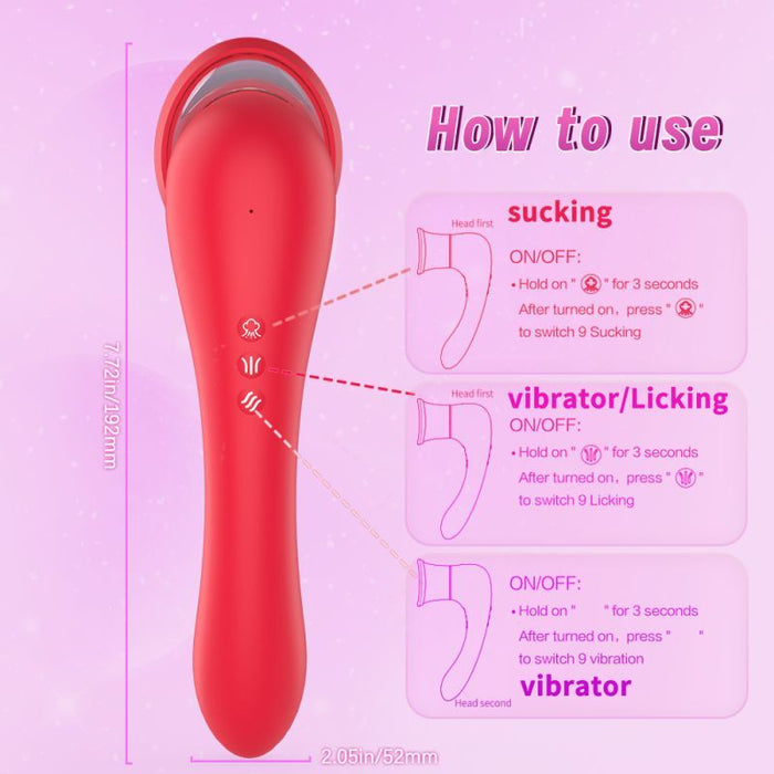 3-in-1 Sucking Licking Vibrating Vaginal Stimulator, Red