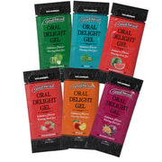 Assorted packages of GoodHead Oral Delight Gel in different flavors on a white background