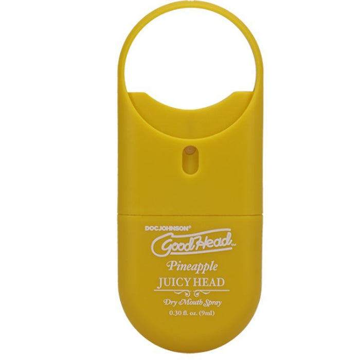 Yellow container of Goodhead Pineapple Juicy Head dry mouth spray on a white background