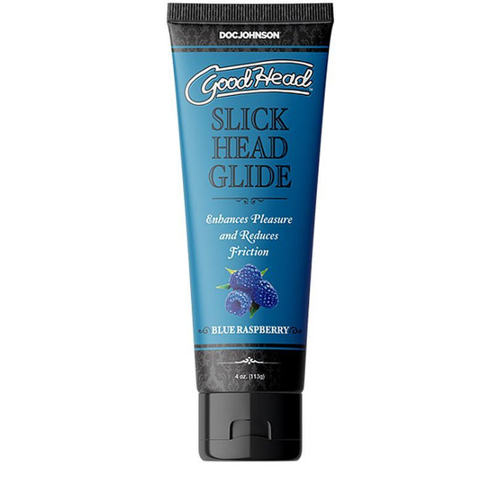 Blue tube of 'Good Head Slick Head Glide' with blue raspberry flavor on a white background