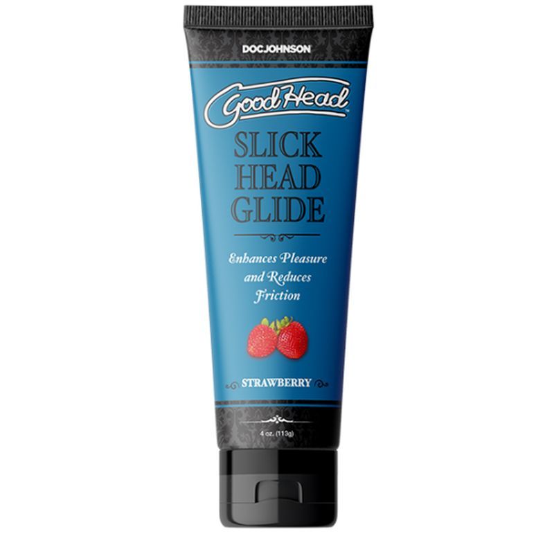 Tube of GoodHead Slick Head Glide with strawberry flavor on a white background