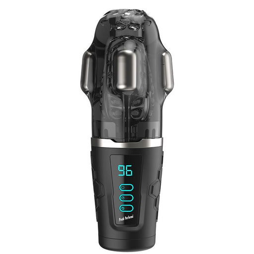 Black and grey hypershaker masturbator with digital display on a white background