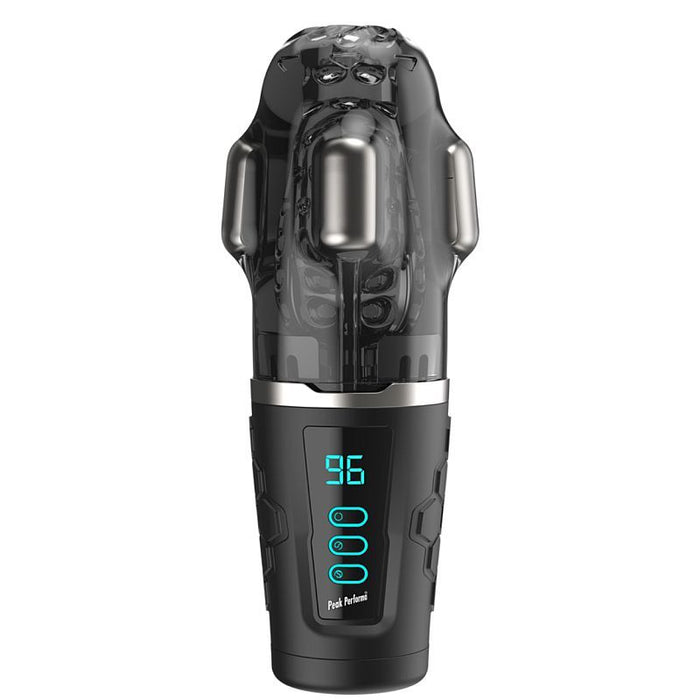 Black and grey hypershaker masturbator with digital display on a white background