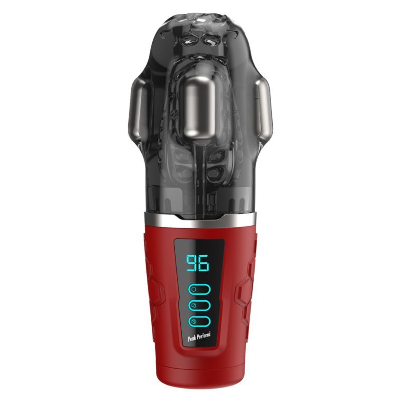 Red and black masturbator with digital display on a white background