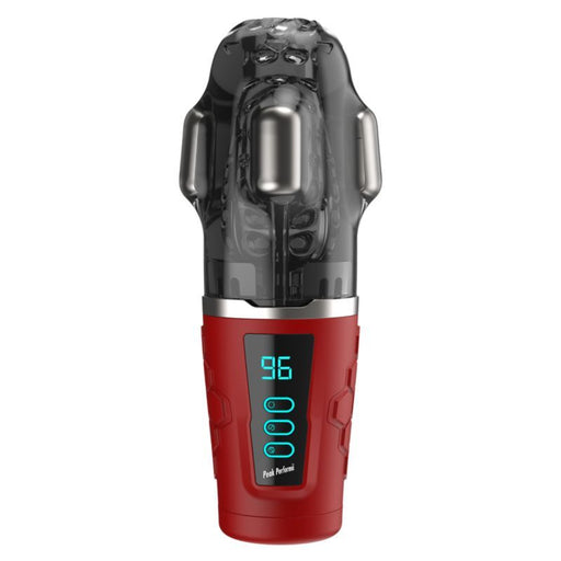 Red and black masturbator with digital display on a white background