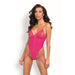 Model wearing a pink lace lingerie set on a white background