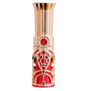 Decorative lipstick vibrator with gold and red design on a white background