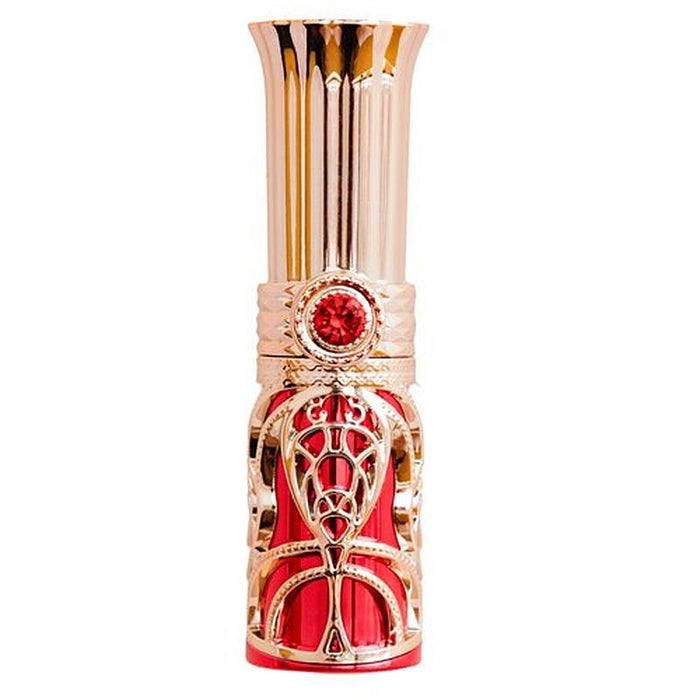 Decorative lipstick vibrator with gold and red design on a white background