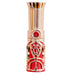 Decorative lipstick vibrator with gold and red design on a white background
