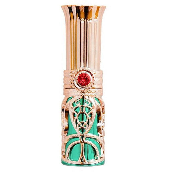 Lipstick-style vibrator with rose gold and green design on a white background