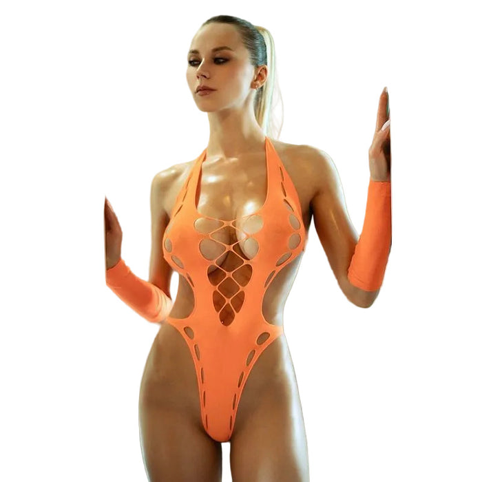 Woman wearing an orange bodystocking with cut-out design, standing in front of a mirror.