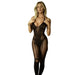 Woman wearing a black sheer bodysuit in an indoor setting